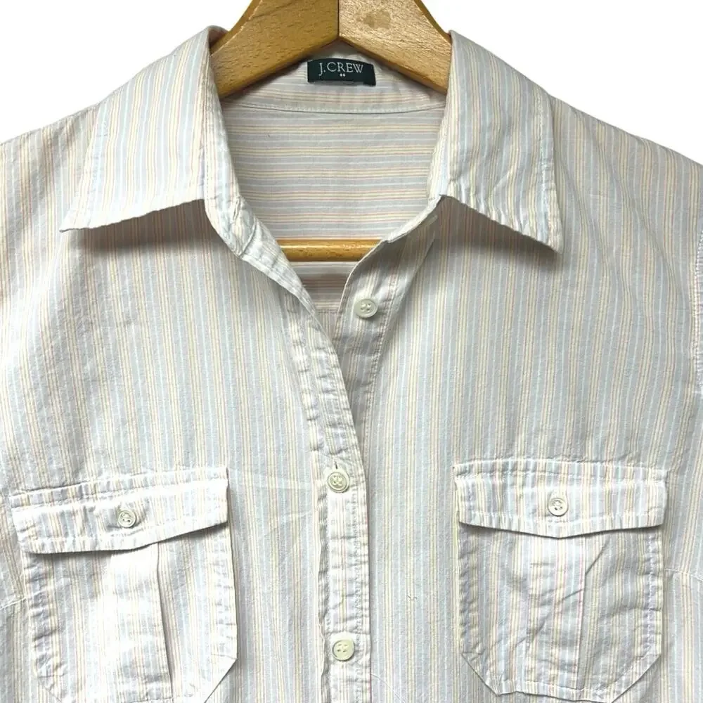 J Crew Sz Small Medium White Vertical Pastel Pinstripes Button Up Cotton Blouse